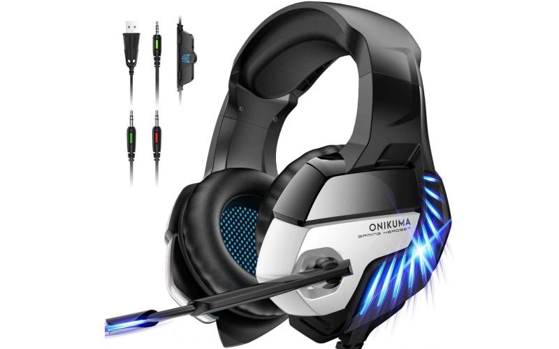 ONIKUMA K5 Pro Gaming Headset for PS5 PS4 Controller Xbox One (Adapter Not Included), Noise Cancelling Over Ear Headphones with Mic, 7.1 Surround Sound, Blue LED Light Headset for NS PC Mac Laptop