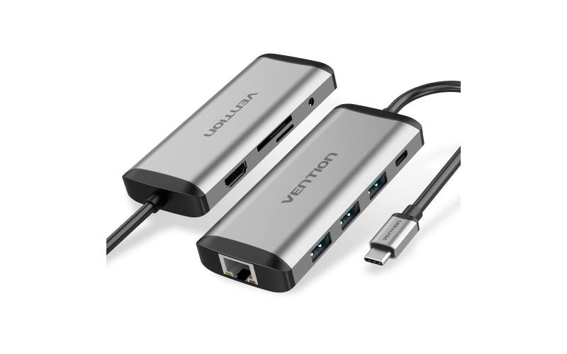 Vention Multi-function Type-C to HDMI/USB3.0*3/TF/SD/RJ45/3.5mm/PD Docking Station 0.15m Gray Metal Type Premium Quality