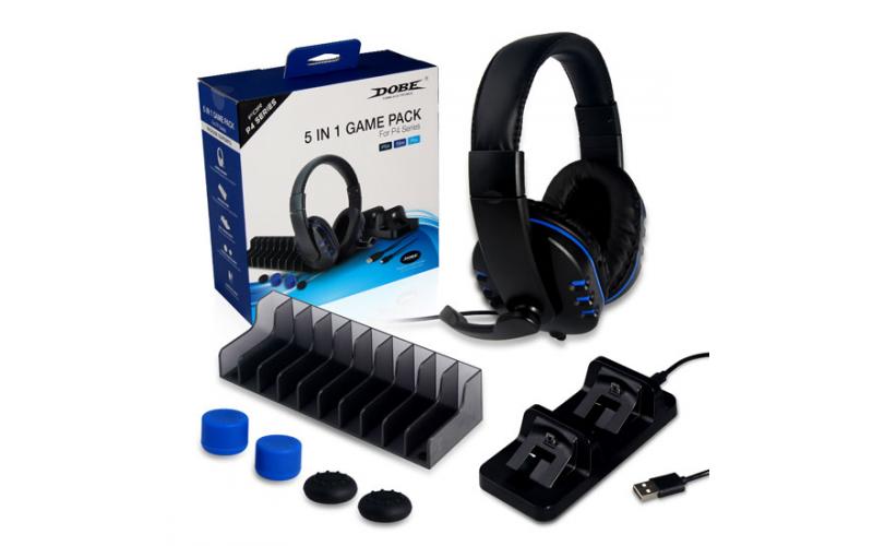 DOBE 5 in 1 GAME PACK FOR PS4 SERIES ( HEADSET-STORAGE STAND-DUAL CHARGE DOCK-GRIPS-CHARGING CABLE )