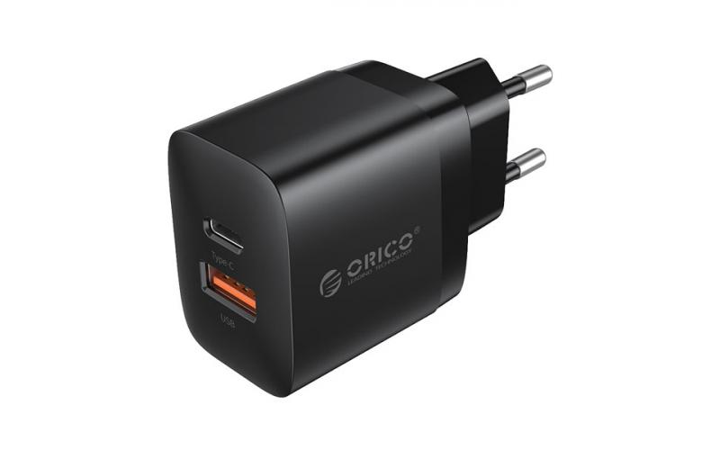 ORICO  Wall charger 2-port GaN, 1x USB-A, 1x USB-C, PD 20W, black, PV20-1U1C