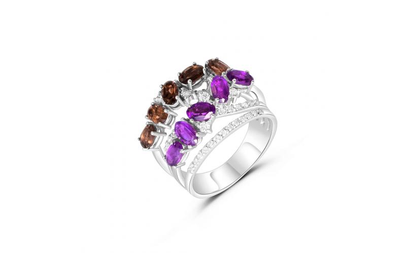 Multi-Band Ring with Smokey Topaz and Amethyst
