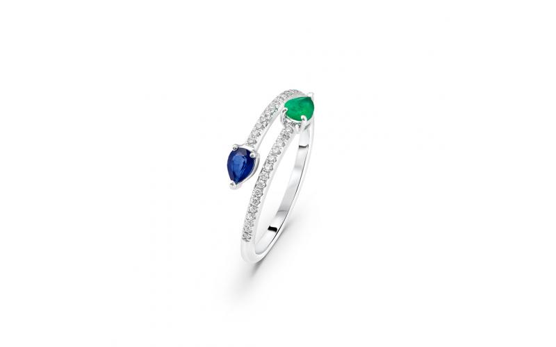 Double Band Ring with Emerald and Sapphire Pears
