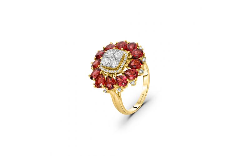 Ruby Pear Ring with a Diamond Center