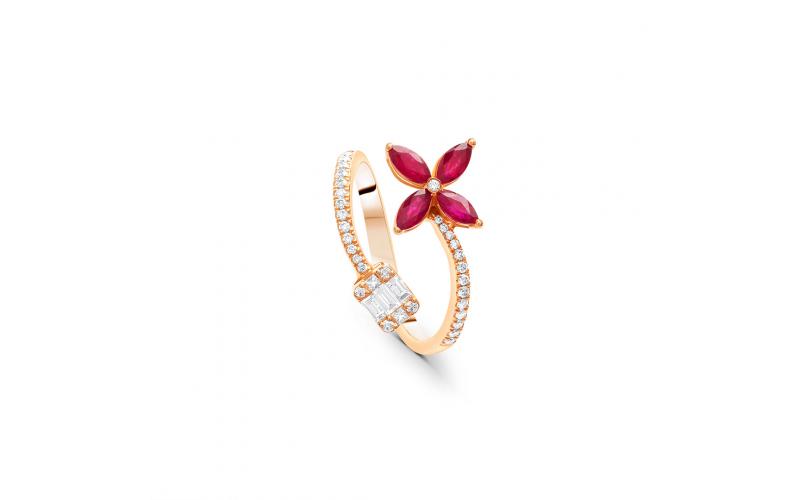 Flower Ruby Open-Ring with White Diamonds