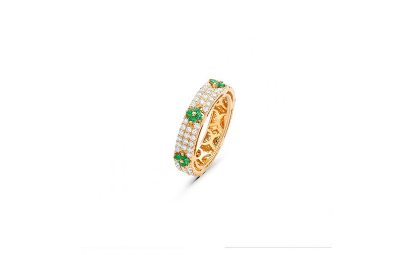 Half White Diamond and Emerald Cluster Ring