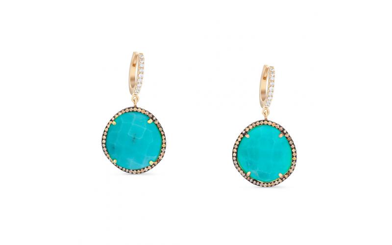 Turquoise Earrings with White and Brown Diamonds