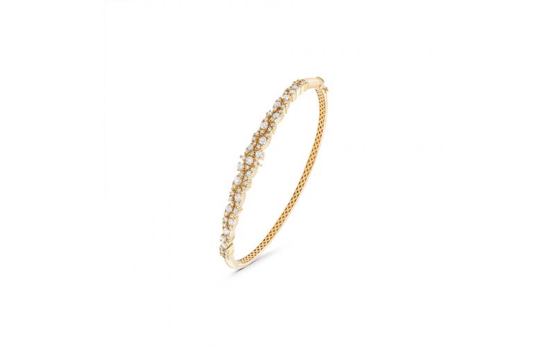 White Diamond Cluster Bangle Bracelet in Yellow Gold