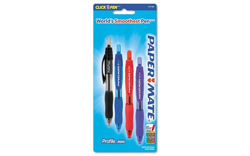 Paper Mate Profile Mini Ballpoint Retractable Pen, Assorted Ink, Bold, 4 Per Pack