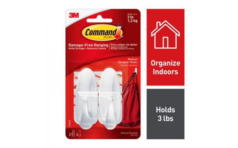 3M Medium Designer Command 2 Hooks & 4 Strips Up to 1.3 Kg